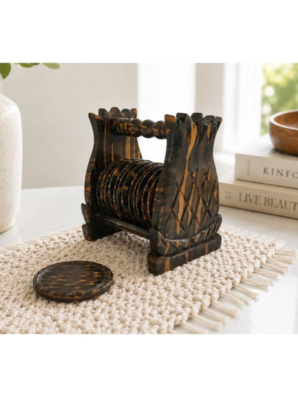 Hand-Carved Vintage Pineapple Design Coaster Holder With 12 Coasters Wooden Mid-